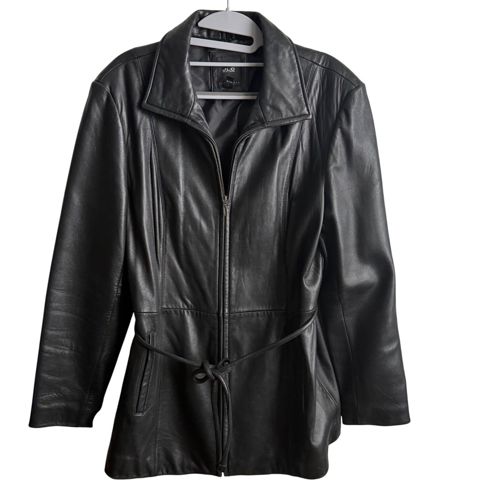 JLC New York Black Leather Coat Womens‎ L Tie Waist Zip Front Belted Jacket
